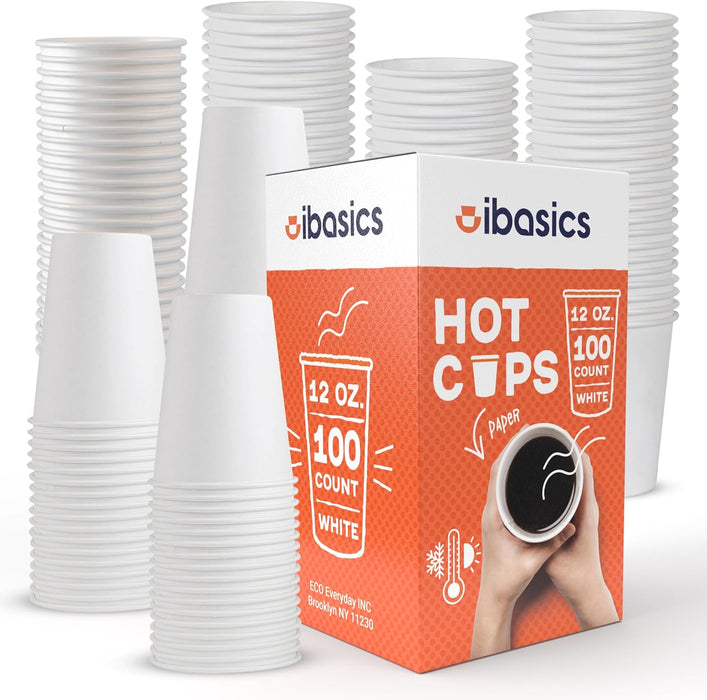 IBASICS 12 oz Paper Coffee Cups – Bulk White Hot Cups (100 Pack)