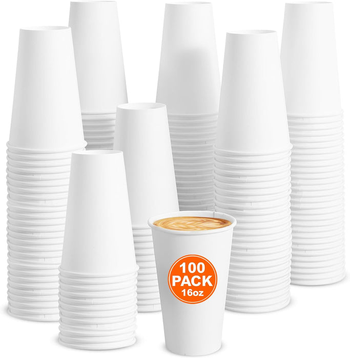 IBASICS 16 oz Paper Coffee Cups – Bulk White Hot Cups (100 Pack)