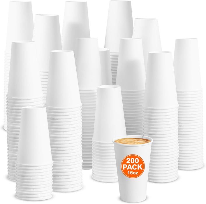 IBASICS 16 oz Paper Coffee Cups – Bulk White Hot Cups (200 Pack)