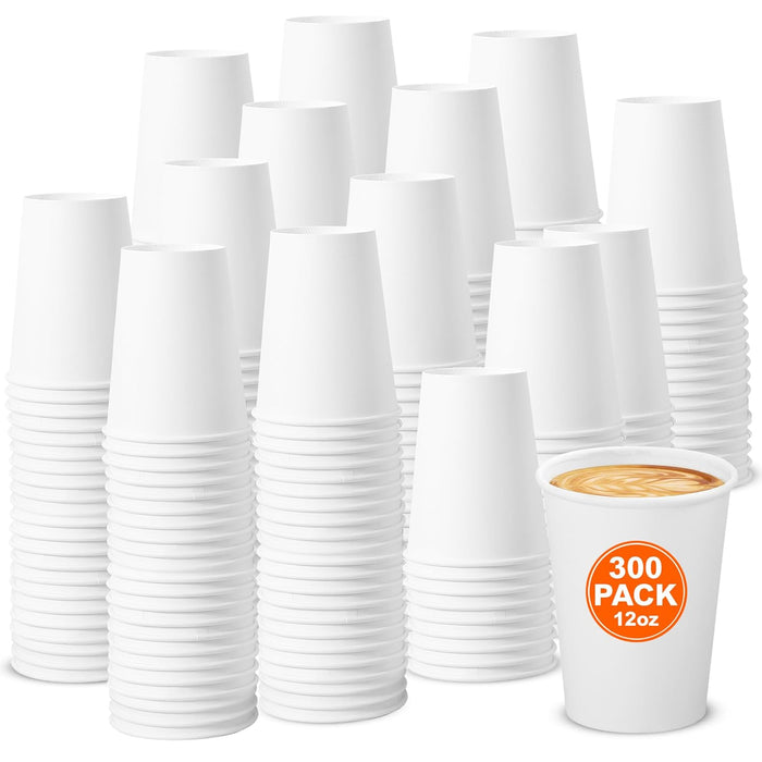 IBASICS 12 oz Paper Coffee Cups – Bulk White Hot Cups (300 Pack)