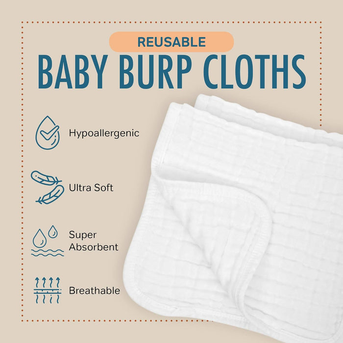 8 Pack Muslin Burp Cloths 20” x 10” – 100% Cotton, 6-Layer Extra Absorbent