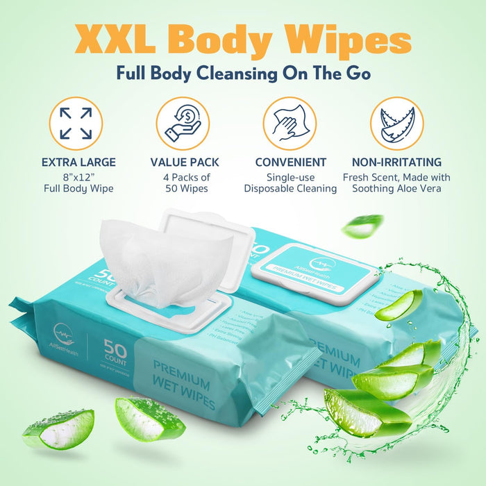 Body Wipes for Adults – 200 XL Rinse Free Bathing Wipes (8” x 12”)
