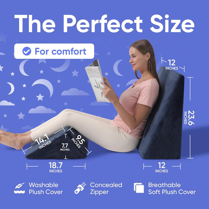 2-Piece Memory Foam Wedge Pillow for Back & Leg Support (Navy)
