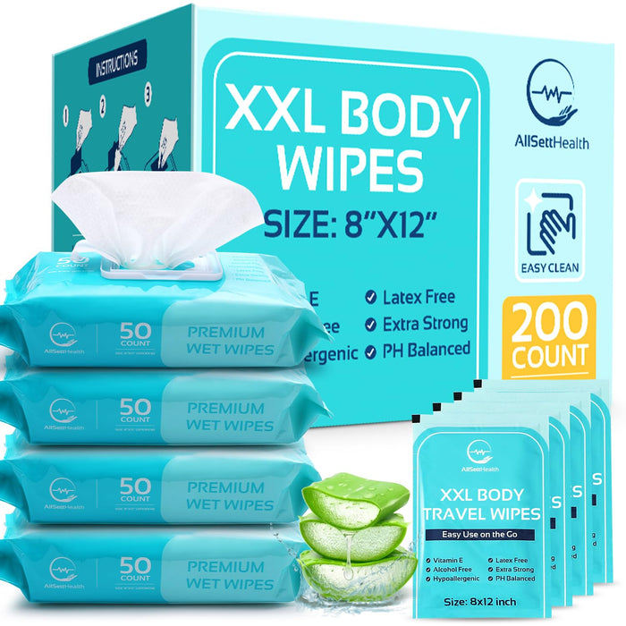 Body Wipes for Adults – 200 XL Rinse Free Bathing Wipes (8” x 12”)