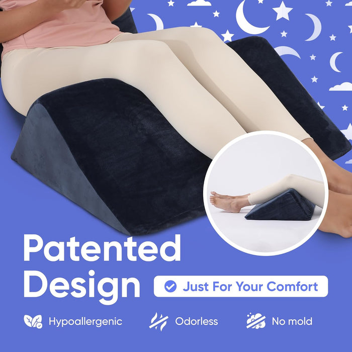 2-Piece Memory Foam Wedge Pillow for Back & Leg Support (Navy)