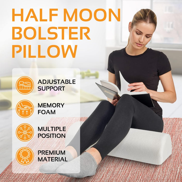 Large Half Moon Bolster Pillow for Legs, Knees & Lower Back – Memory Foam (White)