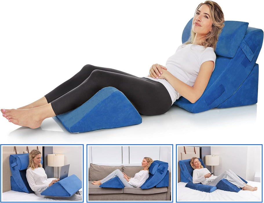 4-Piece Memory Foam Bed Wedge Pillow Set (Blue)