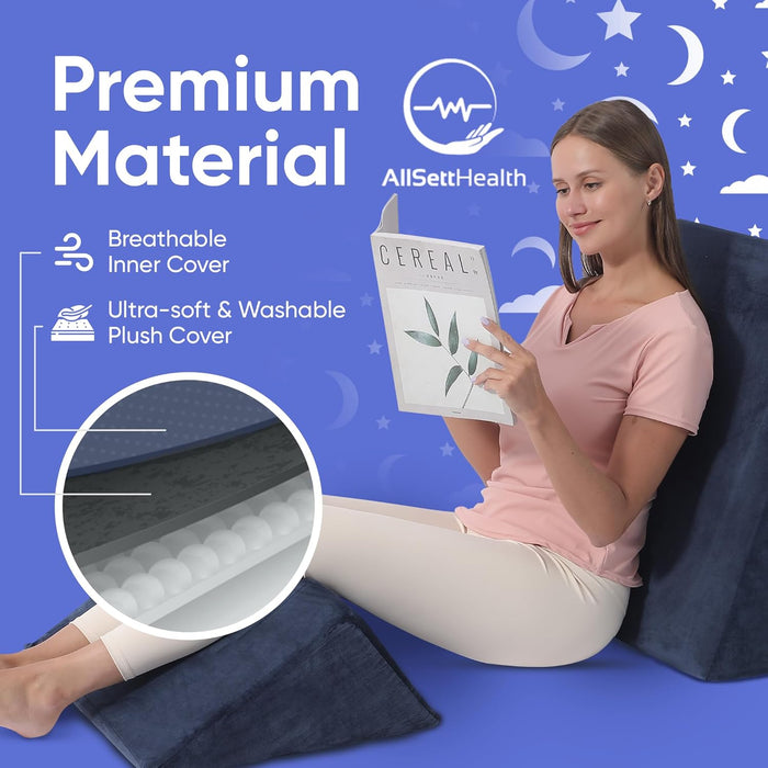 2-Piece Memory Foam Wedge Pillow for Back & Leg Support (Navy)