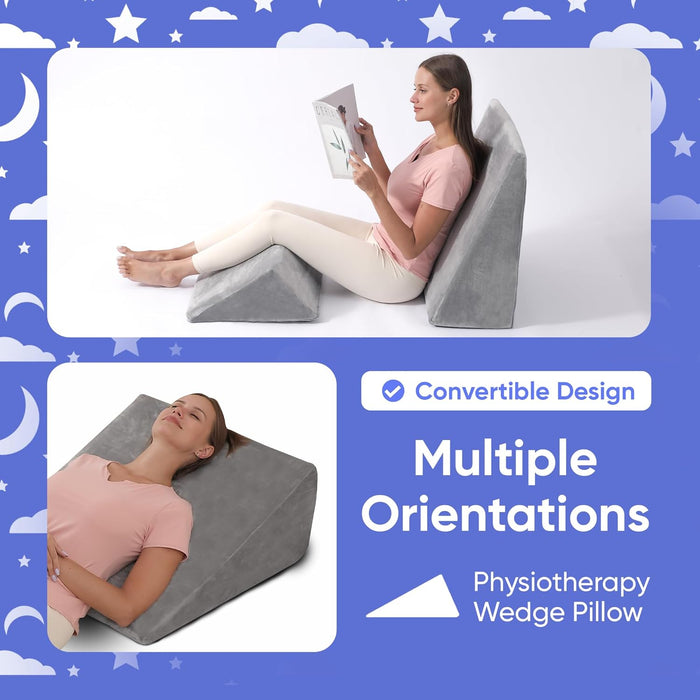 2-Piece Memory Foam Wedge Pillow for Back & Leg Support (Grey)