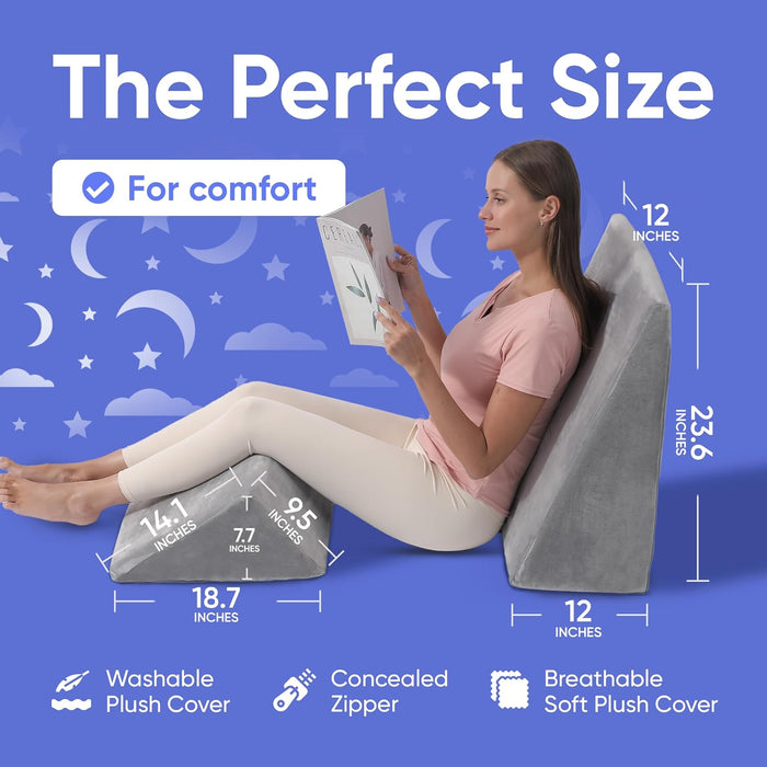 2-Piece Memory Foam Wedge Pillow for Back & Leg Support (Grey)