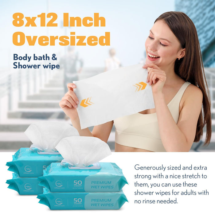 Body Wipes for Adults – 200 XL Rinse Free Bathing Wipes (8” x 12”)
