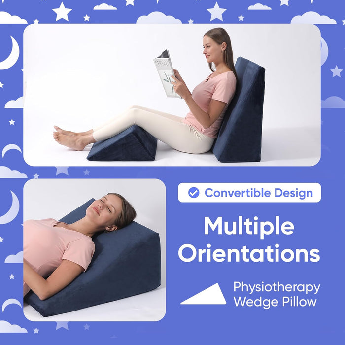 2-Piece Memory Foam Wedge Pillow for Back & Leg Support (Navy)