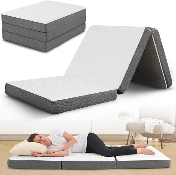 Tri-Fold Queen Memory Foam Mattress – Foldable Guest Bed with Washable Cover