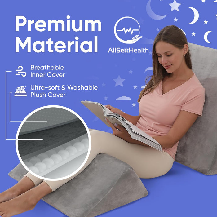 2-Piece Memory Foam Wedge Pillow for Back & Leg Support (Grey)