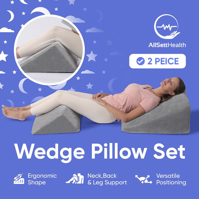 2-Piece Memory Foam Wedge Pillow for Back & Leg Support (Grey)