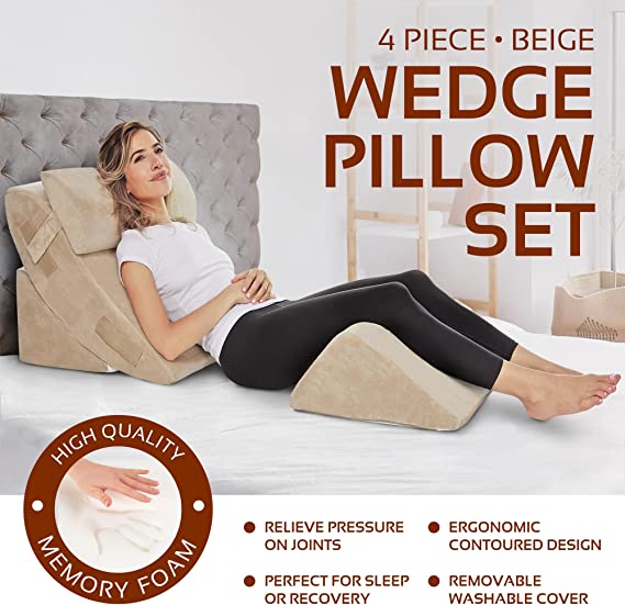 4-Piece Memory Foam Bed Wedge Pillow Set (Beige)