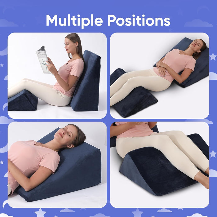 2-Piece Memory Foam Wedge Pillow for Back & Leg Support (Navy)