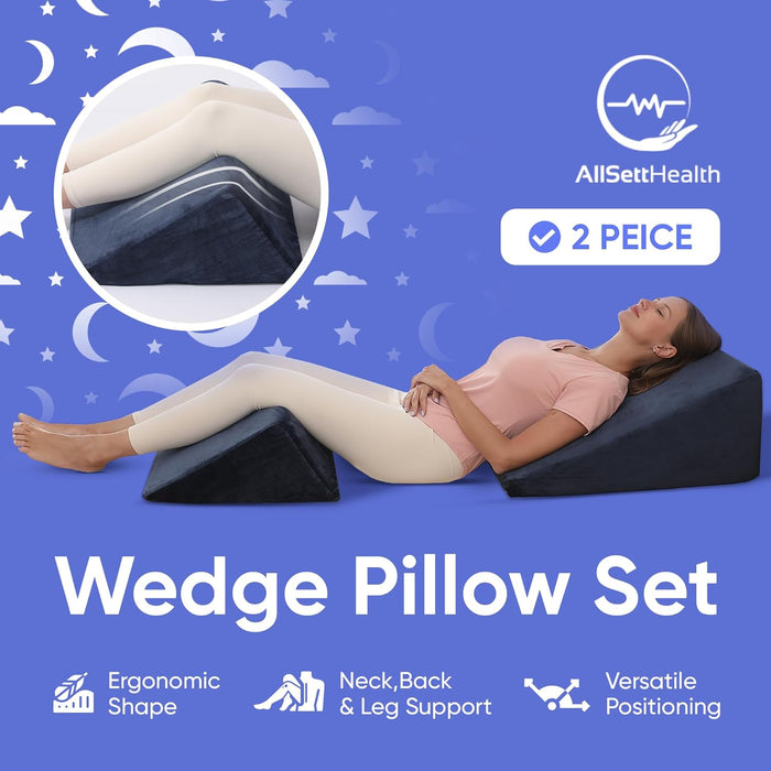 2-Piece Memory Foam Wedge Pillow for Back & Leg Support (Navy)