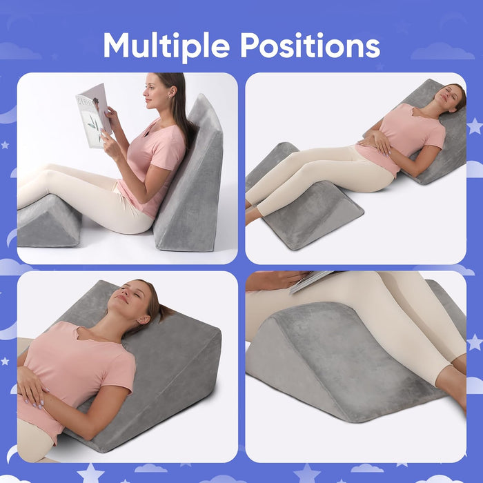 2-Piece Memory Foam Wedge Pillow for Back & Leg Support (Grey)