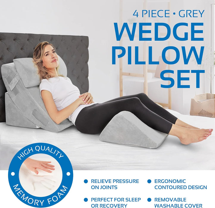 4-Piece Memory Foam Bed Wedge Pillow Set (Grey)