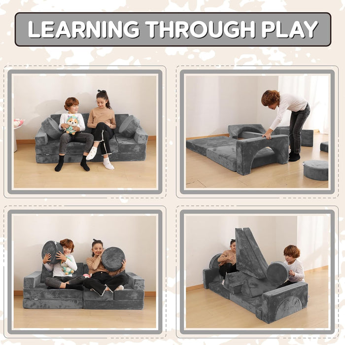 Contour Comfort Modular Kids Couch – 14 Piece Play Sofa Set (Grey)