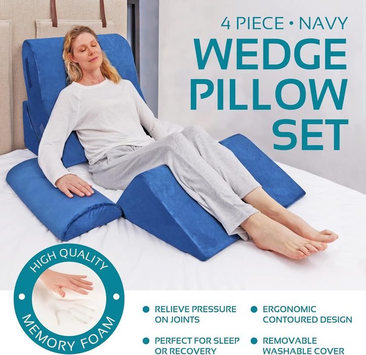 4-Piece Memory Foam Bed Wedge Pillow Set (Blue)