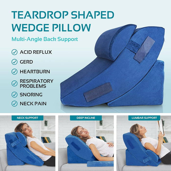 4-Piece Memory Foam Bed Wedge Pillow Set (Blue)