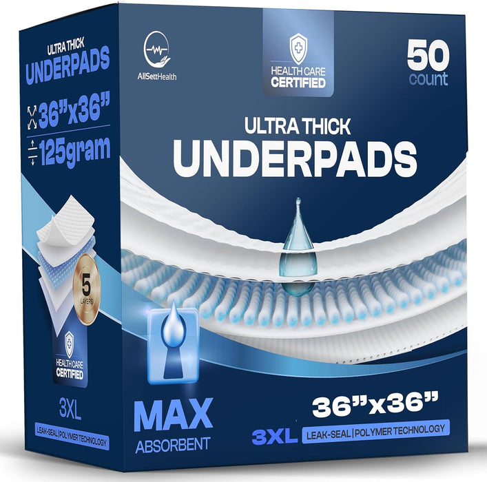 50 Pack Disposable Incontinence Bed Pads – 3XL 36” x 36” Super Absorbent Waterproof Underpads