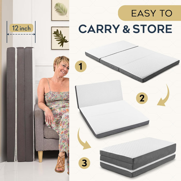 Tri-Fold Queen Memory Foam Mattress – Foldable Guest Bed with Washable Cover