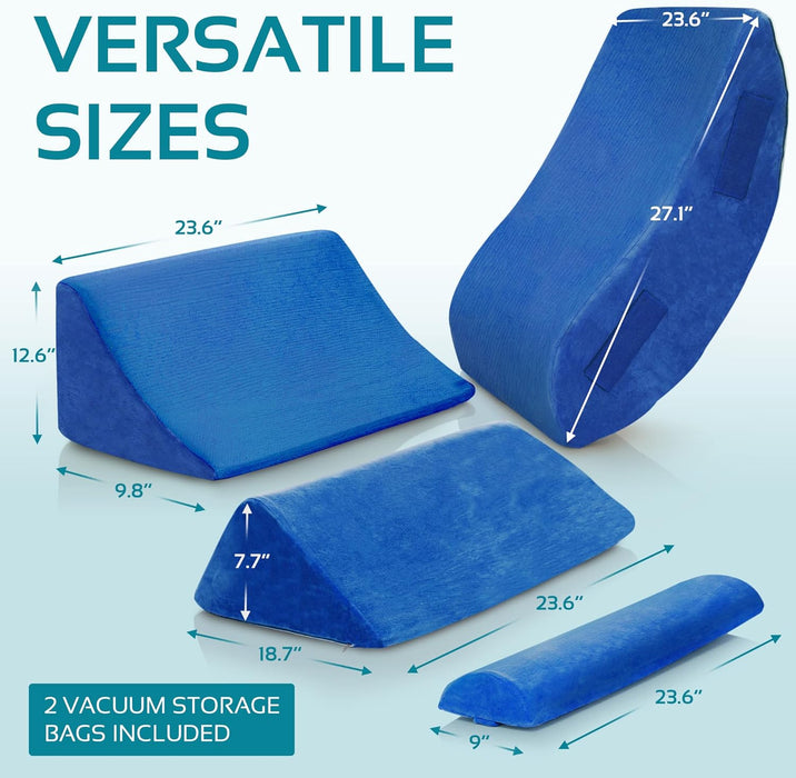 4-Piece Memory Foam Bed Wedge Pillow Set (Blue)