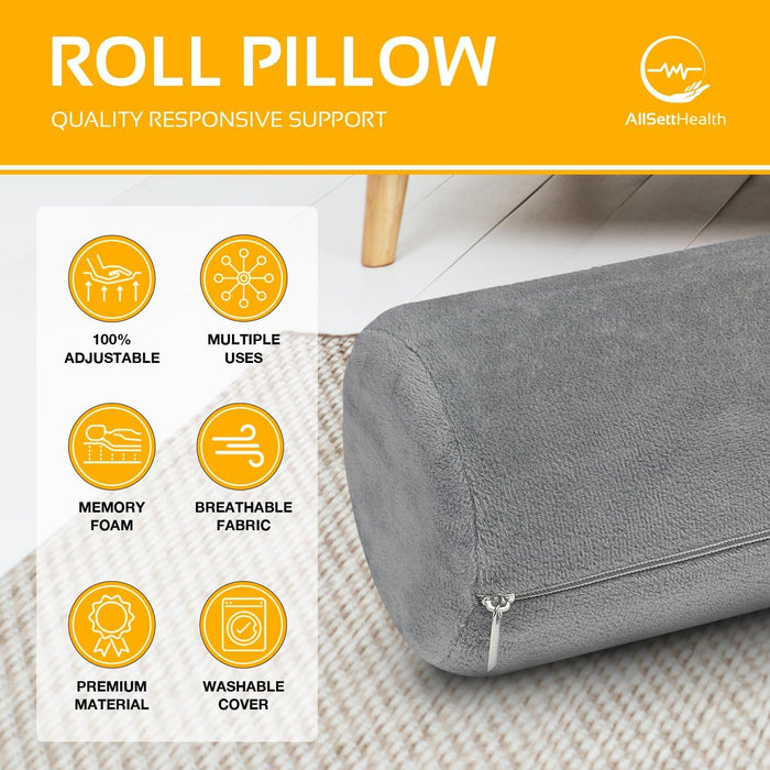 Cervical Neck Roll Pillow – Memory Foam Bolster Support (Grey)