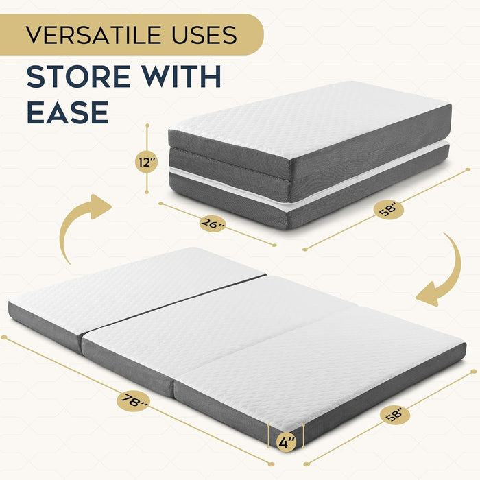Tri-Fold Queen Memory Foam Mattress – Foldable Guest Bed with Washable Cover