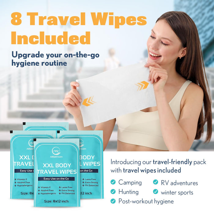 Body Wipes for Adults – 400 XL Rinse Free Bathing Wipes (8” x 12”) + 8 Travel Wipes