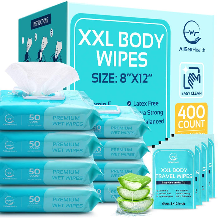 Body Wipes for Adults – 400 XL Rinse Free Bathing Wipes (8” x 12”) + 8 Travel Wipes