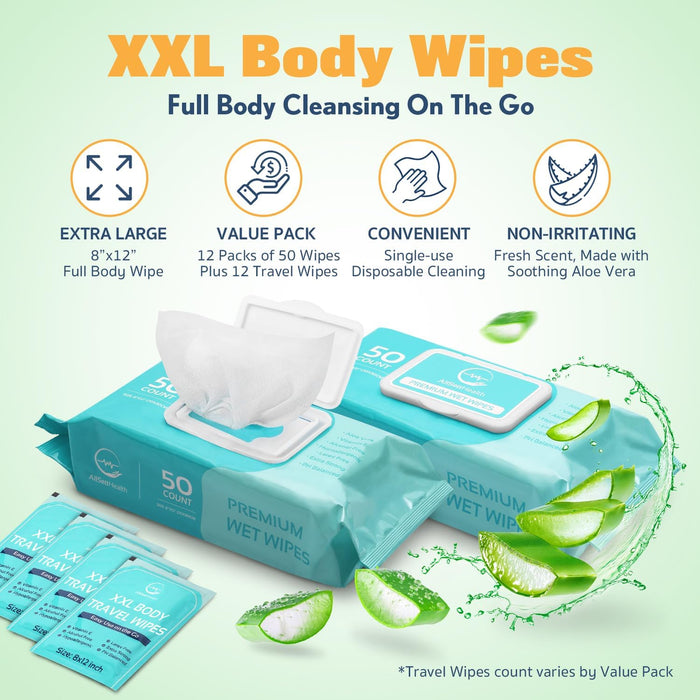 Body Wipes for Adults – 600 XL Rinse Free Bathing Wipes (8” x 12”)