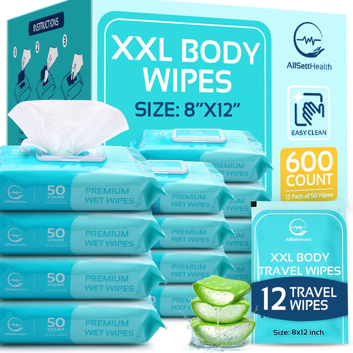 Body Wipes for Adults – 600 XL Rinse Free Bathing Wipes (8” x 12”)