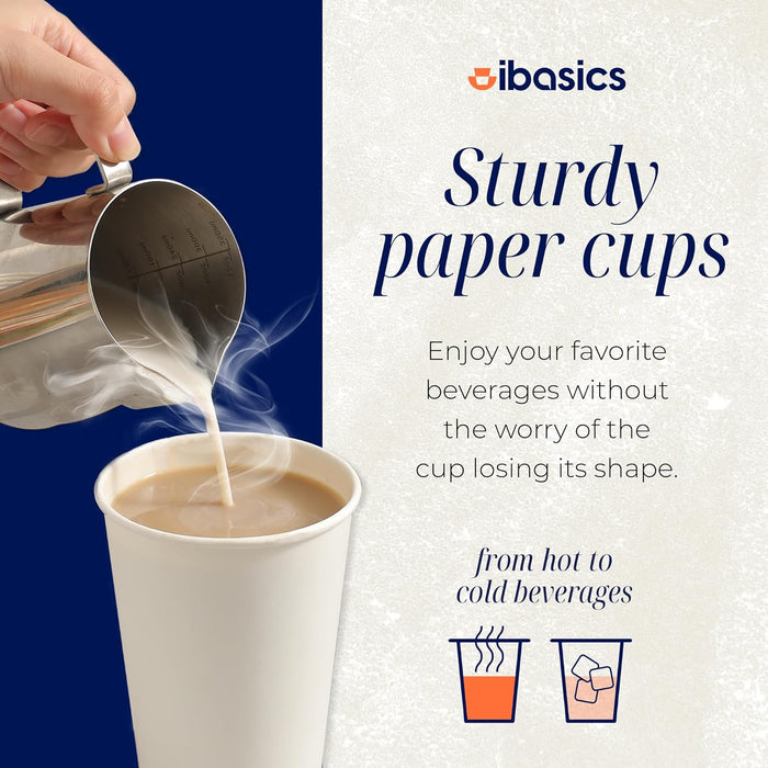 IBASICS 16 oz Paper Coffee Cups – Bulk White Hot Cups (100 Pack)