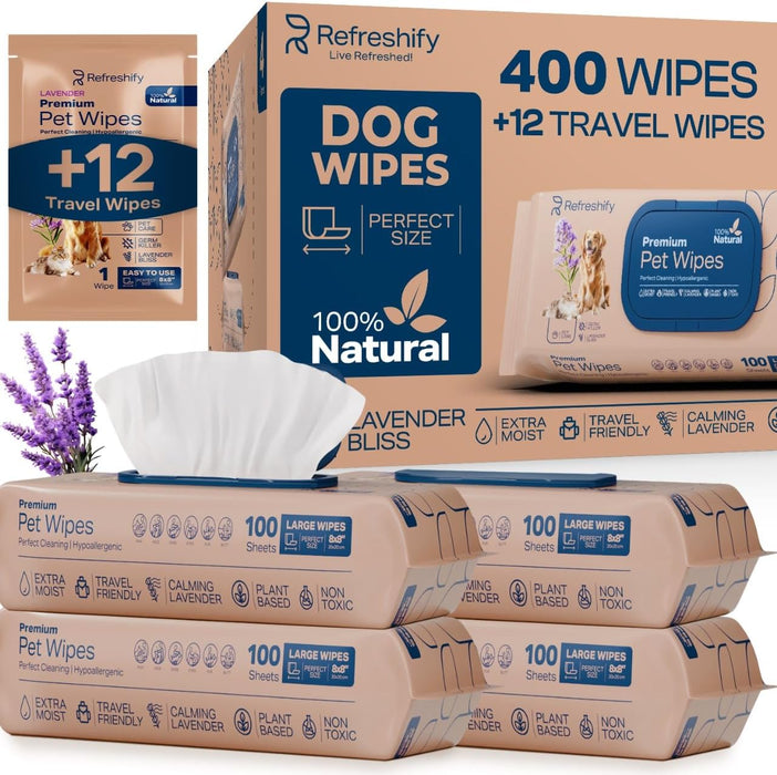 Dog Wipes for Paws & Butt – 400 Lavender Pet Wipes (+ 12 Travel Wipes)