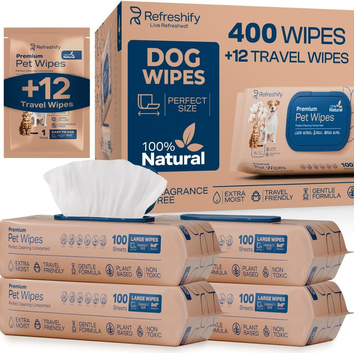 Unscented Pet Wipes for Dogs & Cats – 400 Count + 12 Travel Wipes