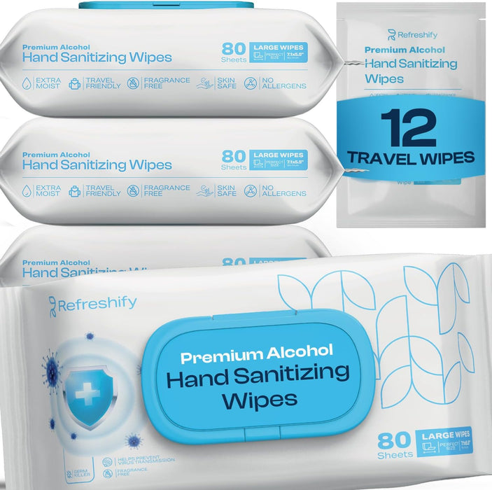 Large Alcohol Wipes 75% – 320 Unscented Hand Sanitizing Wipes (+ 12 Travel Wipes)
