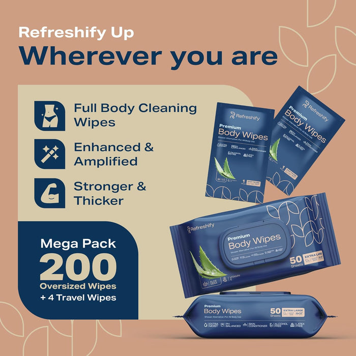 XL Aloe Vera Shower Body Wipes for Adults – No Rinse Bath Wipes (8” x 12”)