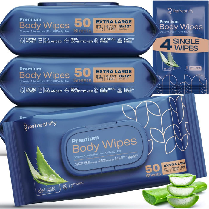 XL Aloe Vera Shower Body Wipes for Adults – No Rinse Bath Wipes (8” x 12”)
